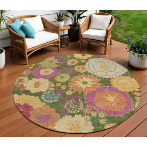 Photo of 8' Artichoke Green Gold And Pink Round Floral Washable Indoor Outdoor Area Rug