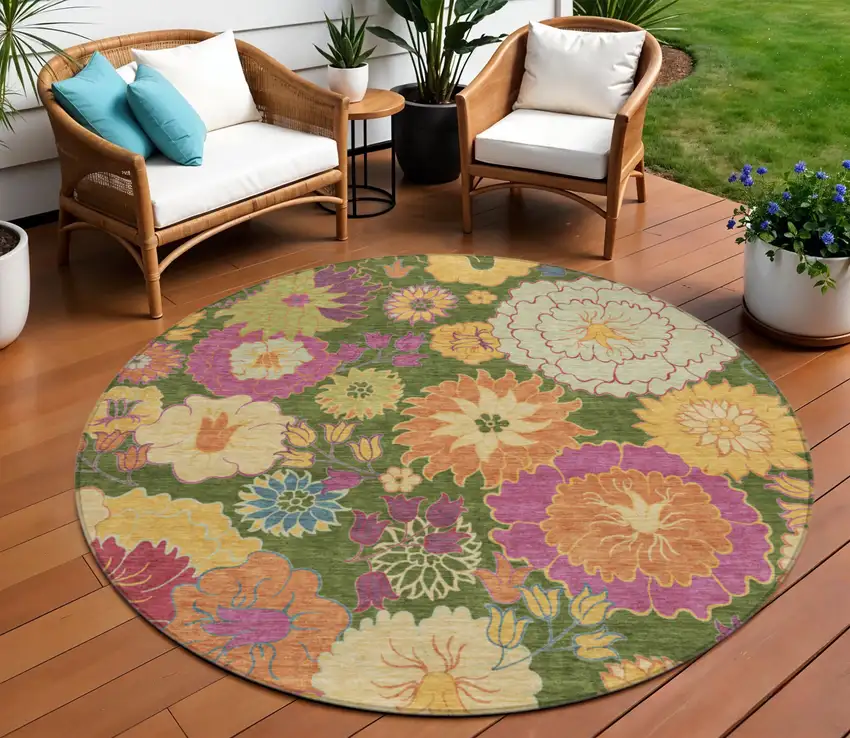 8' Artichoke Green Gold And Pink Round Floral Washable Indoor Outdoor Area Rug Photo 1