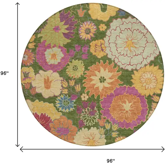 8' Artichoke Green Gold And Pink Round Floral Washable Indoor Outdoor Area Rug Photo 3