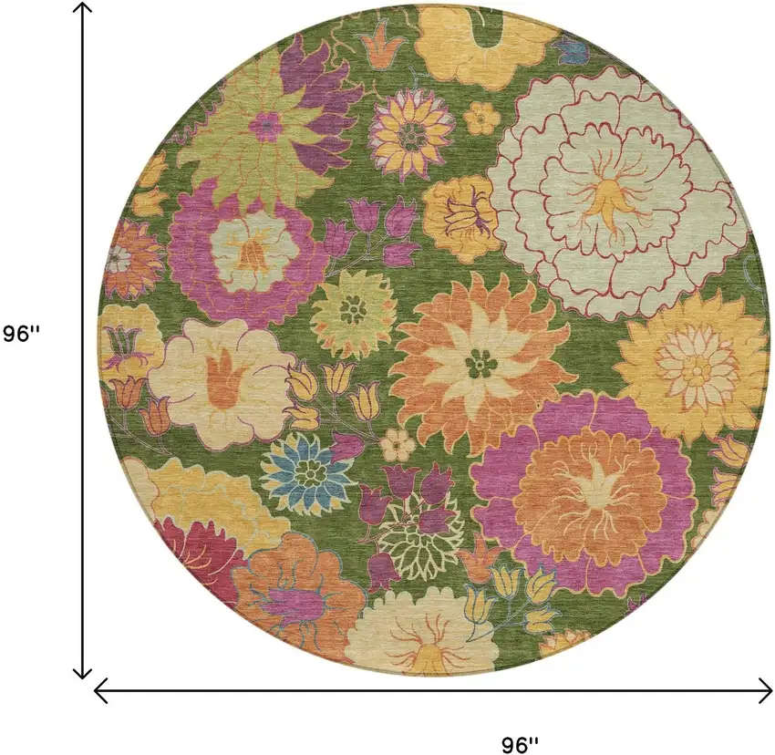 8' Artichoke Green Gold And Pink Round Floral Washable Indoor Outdoor Area Rug Photo 3