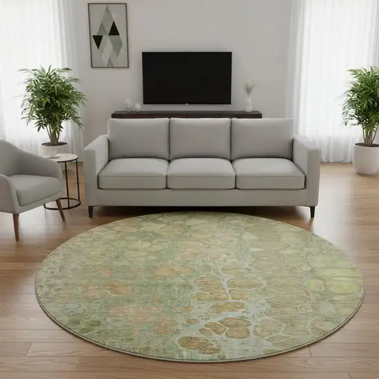 8' Artichoke Green Gray And Beige Abstract Washable Round Rug With UV Protection Photo 2