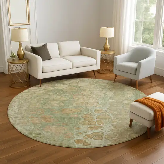 8' Artichoke Green Gray And Beige Abstract Washable Round Rug With UV Protection Photo 4