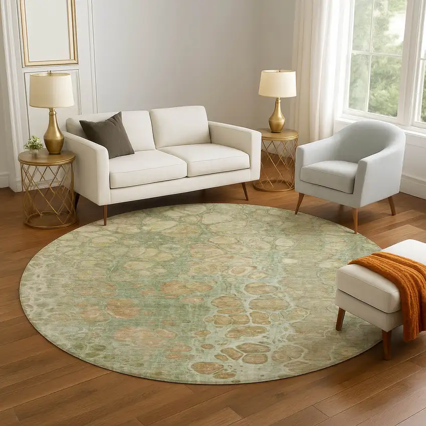 8' Artichoke Green Gray And Beige Abstract Washable Round Rug With UV Protection Photo 4