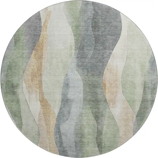 8' Artichoke Green Gray And Beige Abstract Washable Round Rug With UV Protection Photo 1