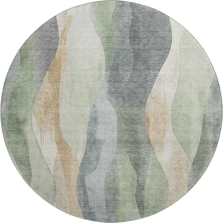 8' Artichoke Green Gray And Beige Abstract Washable Round Rug With UV Protection Photo 1