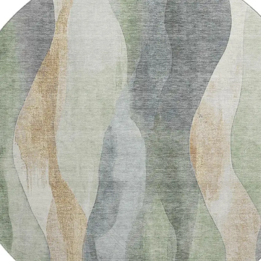 8' Artichoke Green Gray And Beige Abstract Washable Round Rug With UV Protection Photo 3