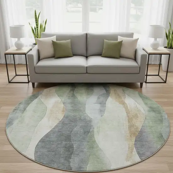 8' Artichoke Green Gray And Beige Abstract Washable Round Rug With UV Protection Photo 2