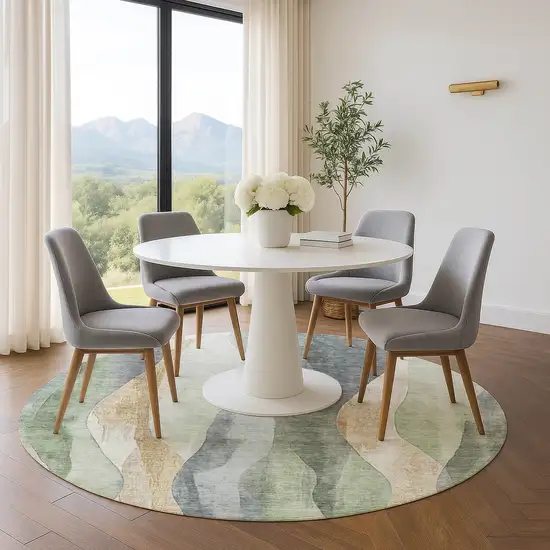 8' Artichoke Green Gray And Beige Abstract Washable Round Rug With UV Protection Photo 5