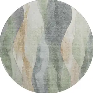 Photo of 8' Artichoke Green Gray And Beige Abstract Washable Round Rug With UV Protection