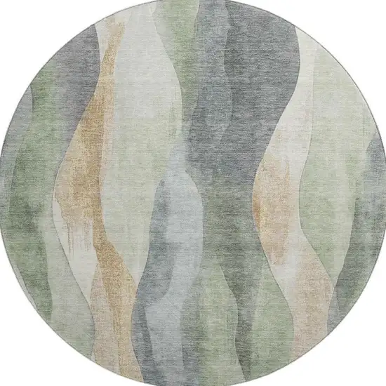 8' Artichoke Green Gray And Beige Abstract Washable Round Rug With UV Protection Photo 4