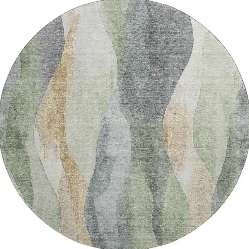 8' Artichoke Green Gray And Beige Abstract Washable Round Rug With UV Protection Photo 4