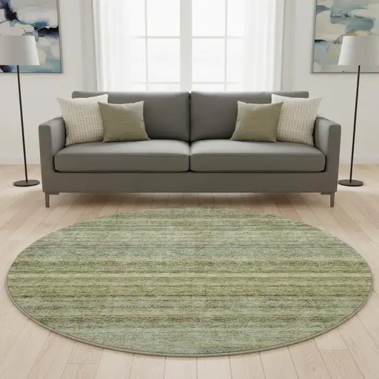 8' Artichoke Green Gray And Beige Striped Washable Round Rug With UV Protection Photo 2
