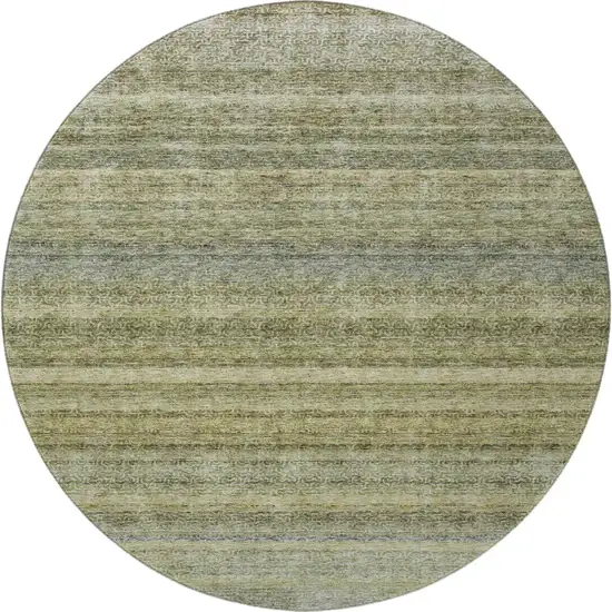 8' Artichoke Green Gray And Beige Striped Washable Round Rug With UV Protection Photo 2