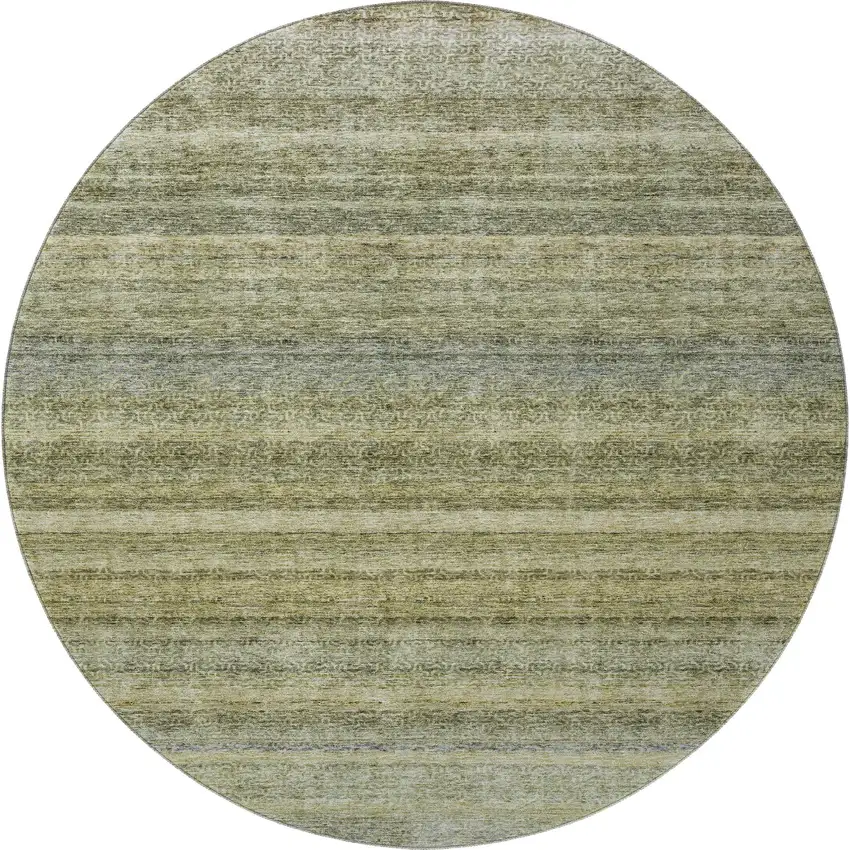 8' Artichoke Green Gray And Beige Striped Washable Round Rug With UV Protection Photo 2