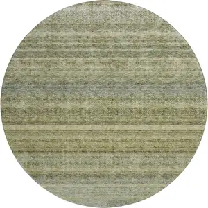 Photo of 8' Artichoke Green Gray And Beige Striped Washable Round Rug With UV Protection