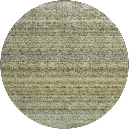 8' Artichoke Green Gray And Beige Striped Washable Round Rug With UV Protection Photo 1