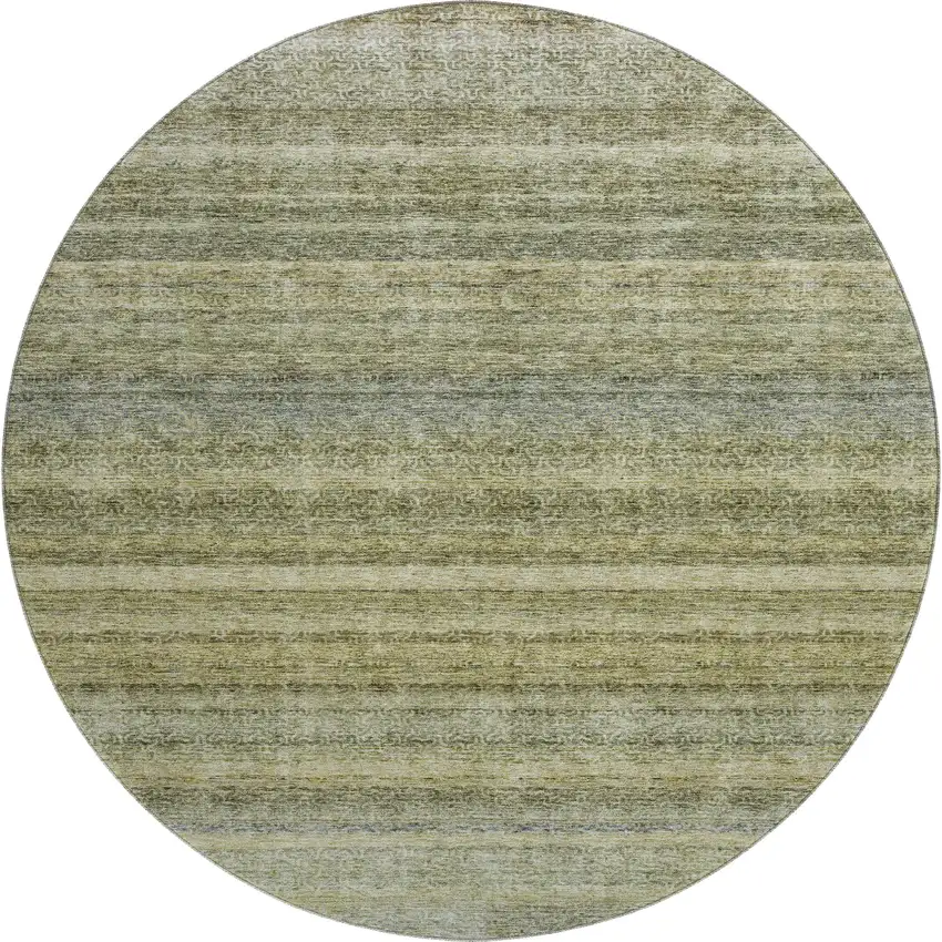 8' Artichoke Green Gray And Beige Striped Washable Round Rug With UV Protection Photo 1