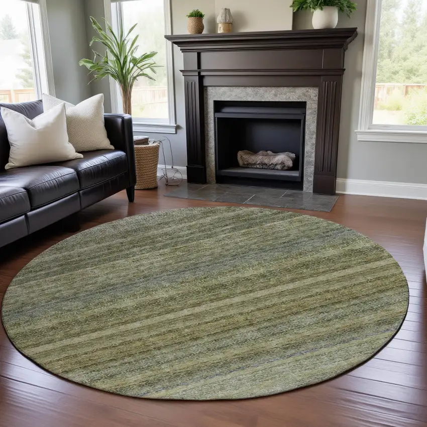 8' Artichoke Green Gray And Beige Striped Washable Round Rug With UV Protection Photo 3