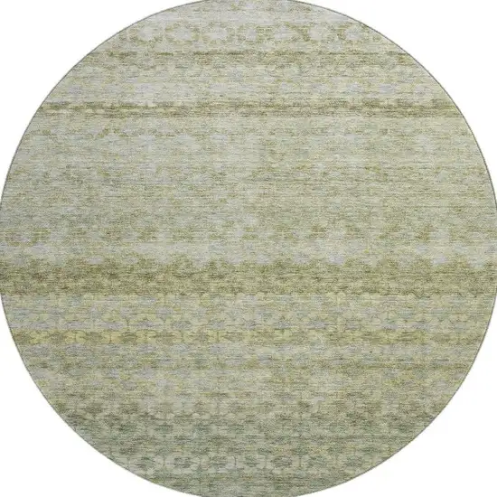 8' Artichoke Green Gray And Beige Striped Washable Round Rug With UV Protection Photo 3