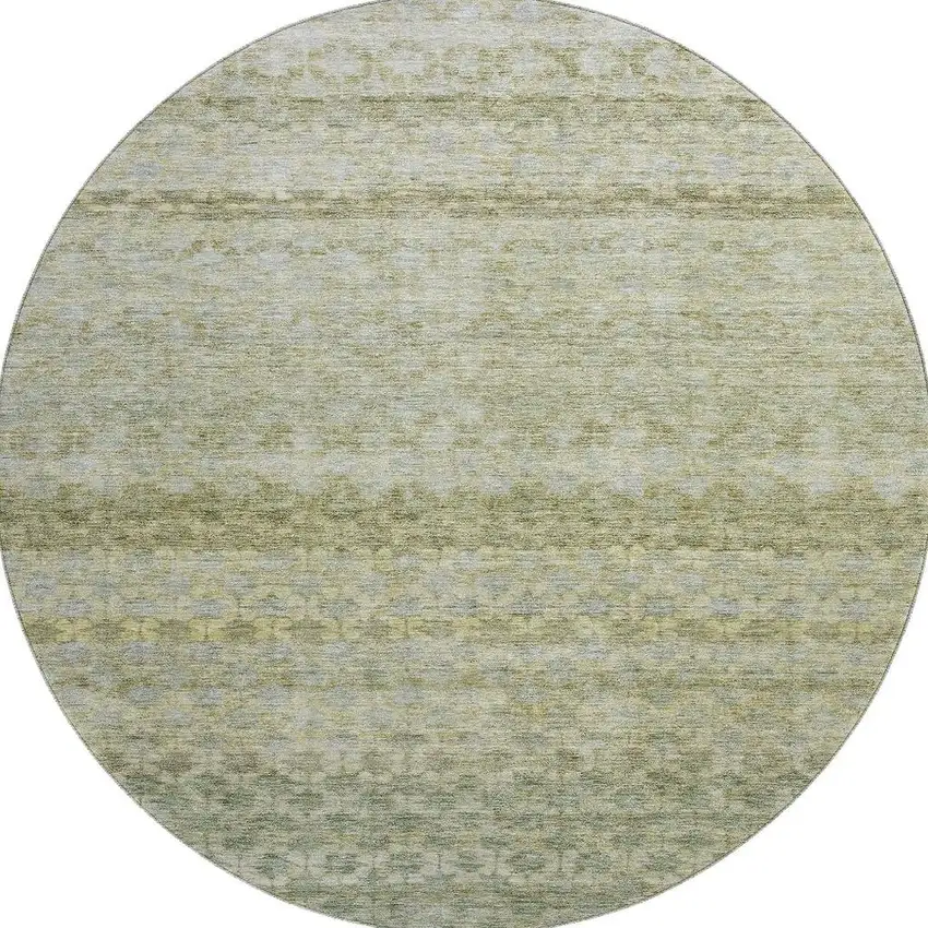 8' Artichoke Green Gray And Beige Striped Washable Round Rug With UV Protection Photo 3
