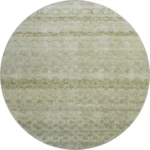 Photo of 8' Artichoke Green Gray And Beige Striped Washable Round Rug With UV Protection