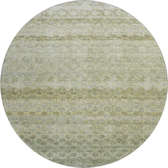 8' Artichoke Green Gray And Beige Striped Washable Round Rug With UV Protection Photo 1