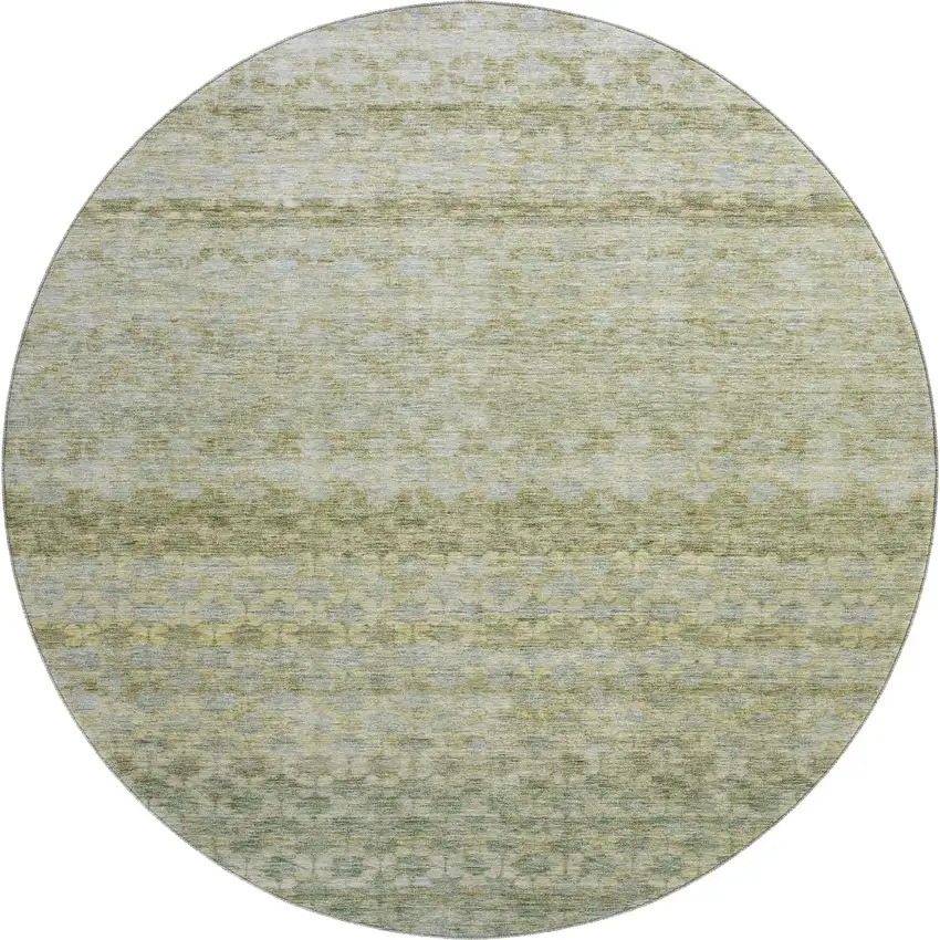 8' Artichoke Green Gray And Beige Striped Washable Round Rug With UV Protection Photo 1