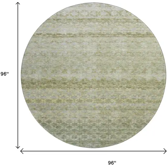 8' Artichoke Green Gray And Beige Striped Washable Round Rug With UV Protection Photo 9