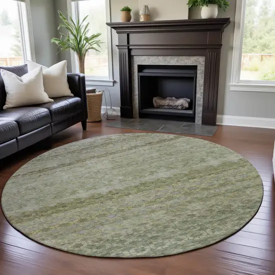 8' Artichoke Green Gray And Beige Striped Washable Round Rug With UV Protection Photo 4