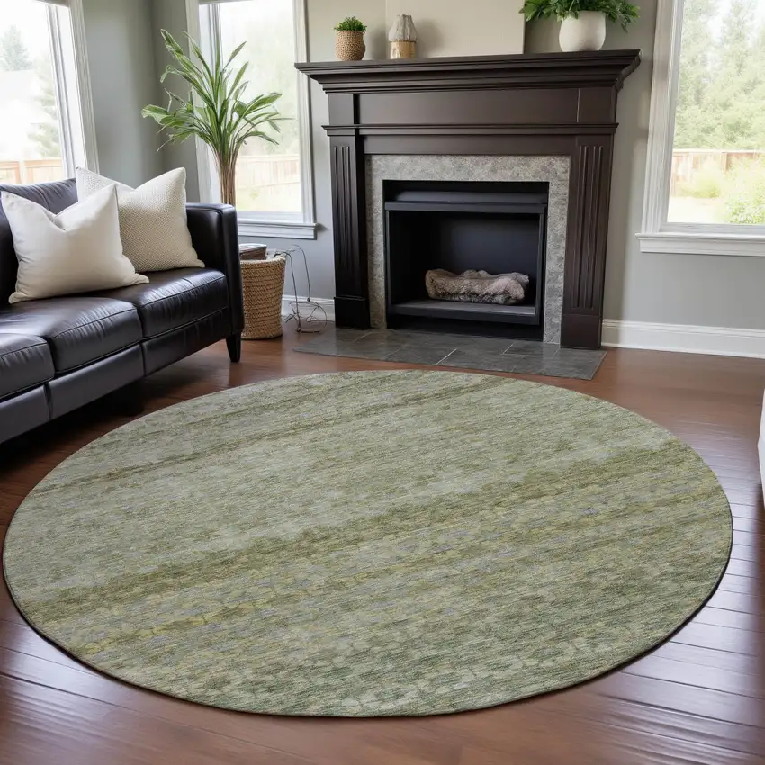 8' Artichoke Green Gray And Beige Striped Washable Round Rug With UV Protection Photo 4