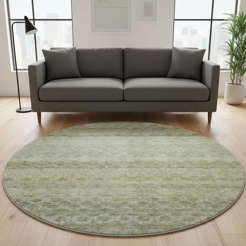 8' Artichoke Green Gray And Beige Striped Washable Round Rug With UV Protection Photo 2