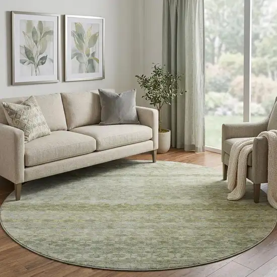 8' Artichoke Green Gray And Beige Striped Washable Round Rug With UV Protection Photo 1