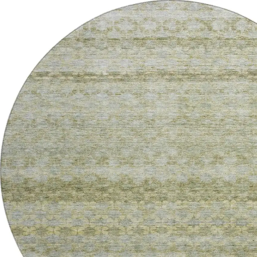 8' Artichoke Green Gray And Beige Striped Washable Round Rug With UV Protection Photo 2