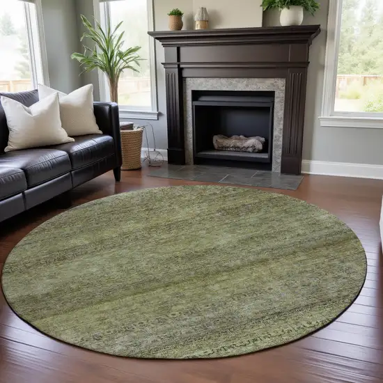 8' Artichoke Green Gray And Beige Striped Washable Round Rug With UV Protection Photo 4
