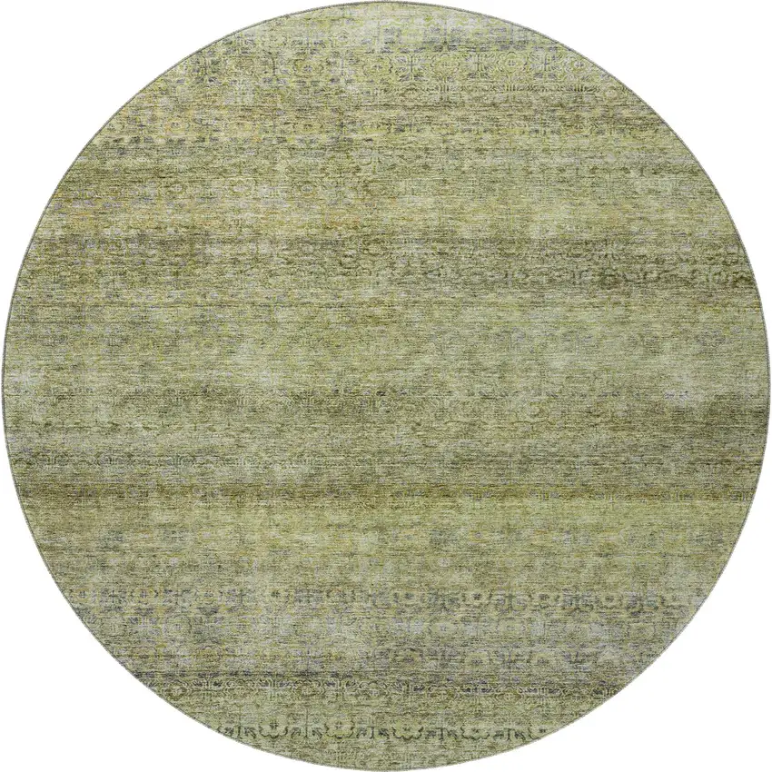 8' Artichoke Green Gray And Beige Striped Washable Round Rug With UV Protection Photo 3