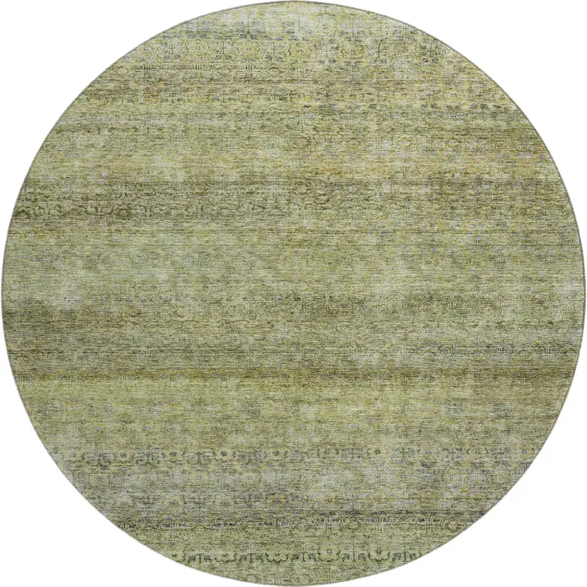 8' Artichoke Green Gray And Beige Striped Washable Round Rug With UV Protection Photo 1