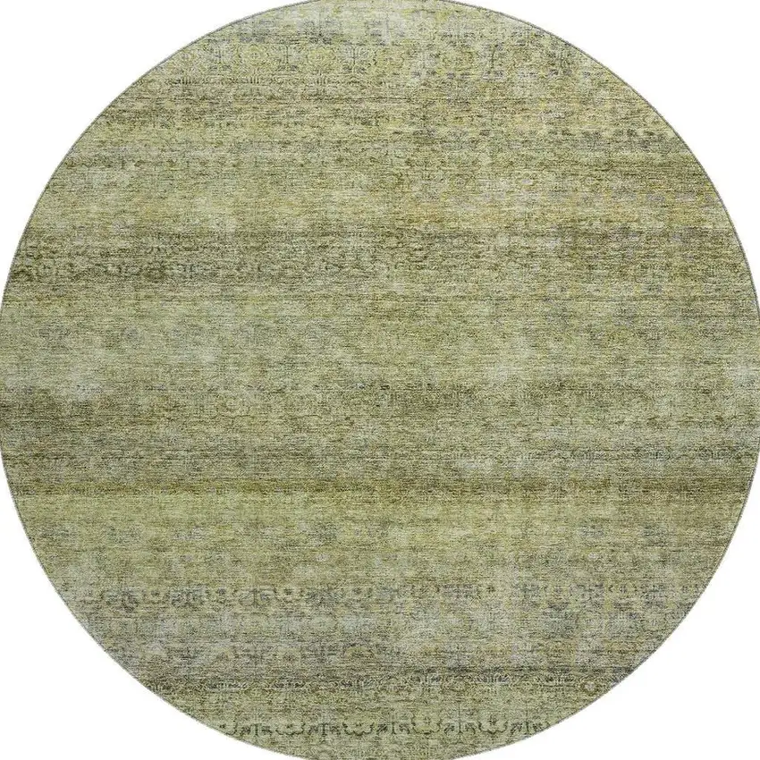 8' Artichoke Green Gray And Beige Striped Washable Round Rug With UV Protection Photo 2