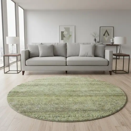 8' Artichoke Green Gray And Beige Striped Washable Round Rug With UV Protection Photo 2