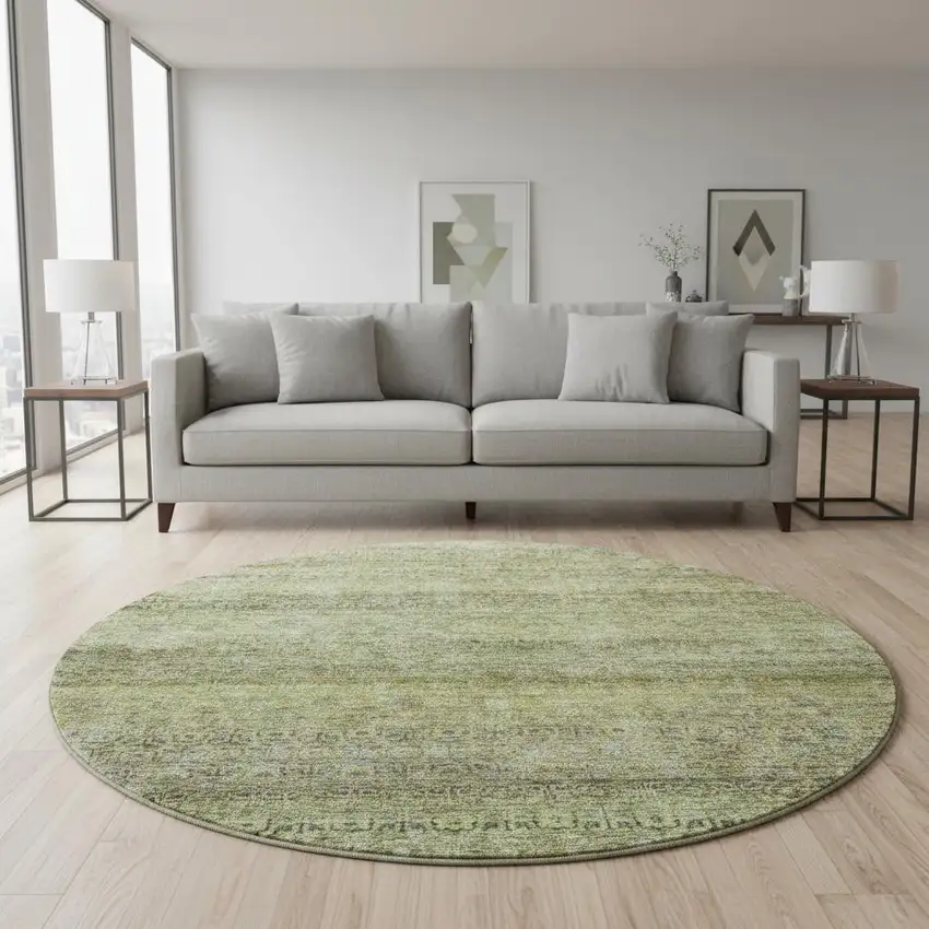 8' Artichoke Green Gray And Beige Striped Washable Round Rug With UV Protection Photo 2