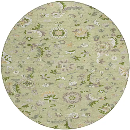 8' Artichoke Green Gray And Brown Round Floral Washable Indoor Outdoor Area Rug Photo 2