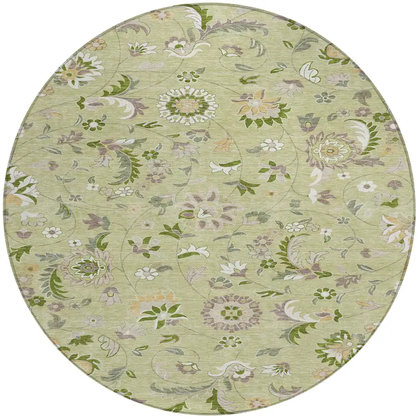 8' Artichoke Green Gray And Brown Round Floral Washable Indoor Outdoor Area Rug Photo 2