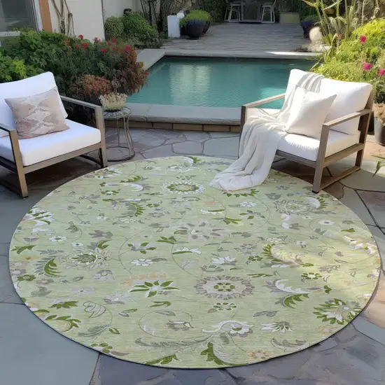 8' Artichoke Green Gray And Brown Round Floral Washable Indoor Outdoor Area Rug Photo 7