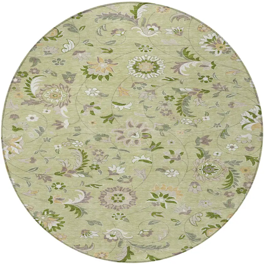 8' Artichoke Green Gray And Brown Round Floral Washable Indoor Outdoor Area Rug Photo 6