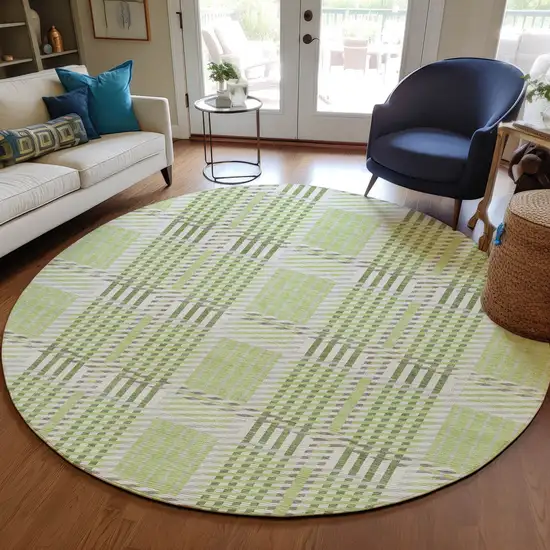 8' Artichoke Green Gray And Brown Round Plaid Washable Indoor Outdoor Area Rug Photo 8