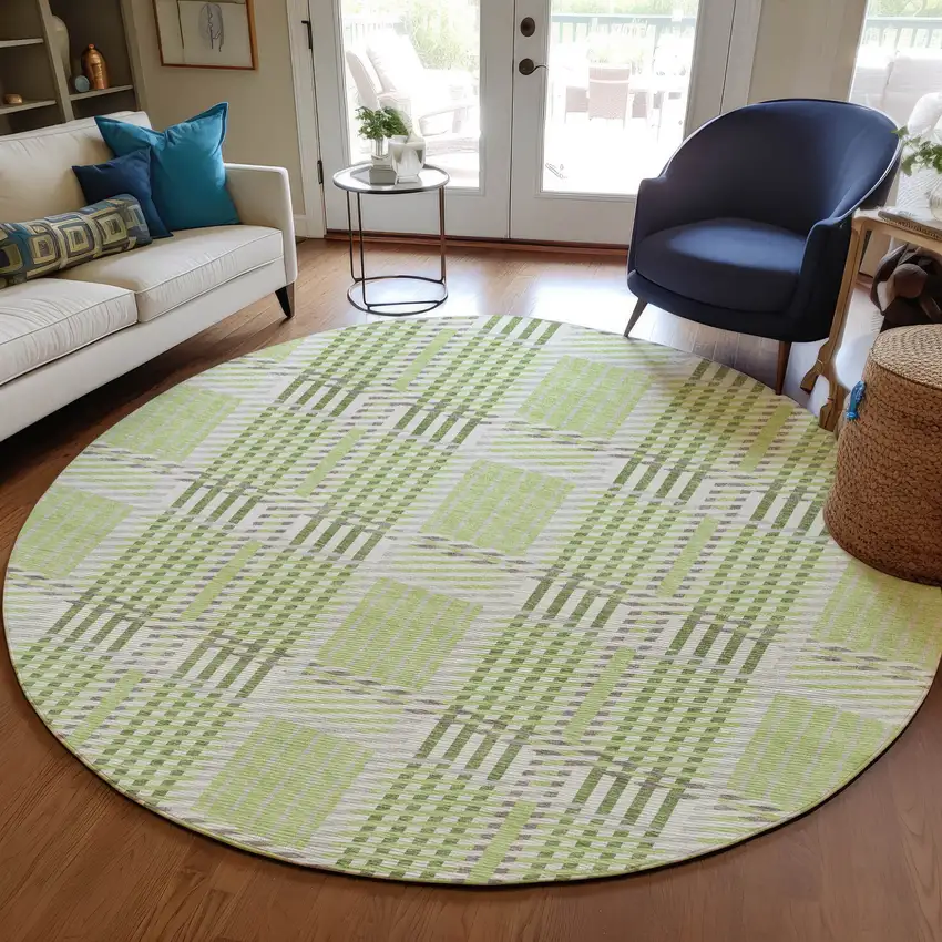 8' Artichoke Green Gray And Brown Round Plaid Washable Indoor Outdoor Area Rug Photo 8