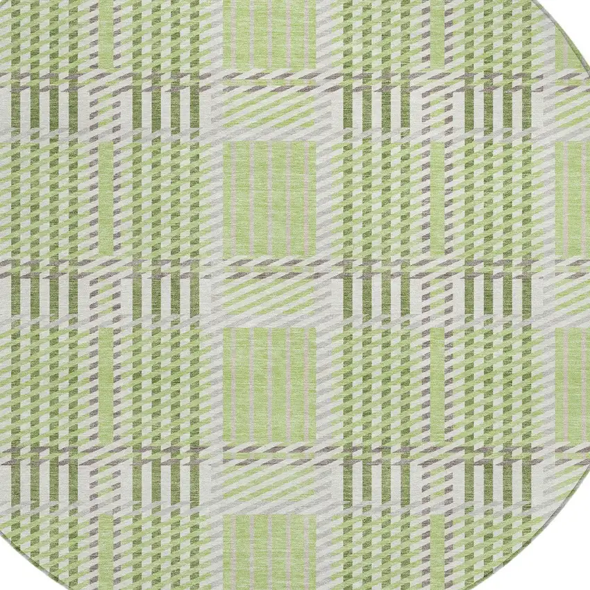 8' Artichoke Green Gray And Brown Round Plaid Washable Indoor Outdoor Area Rug Photo 4