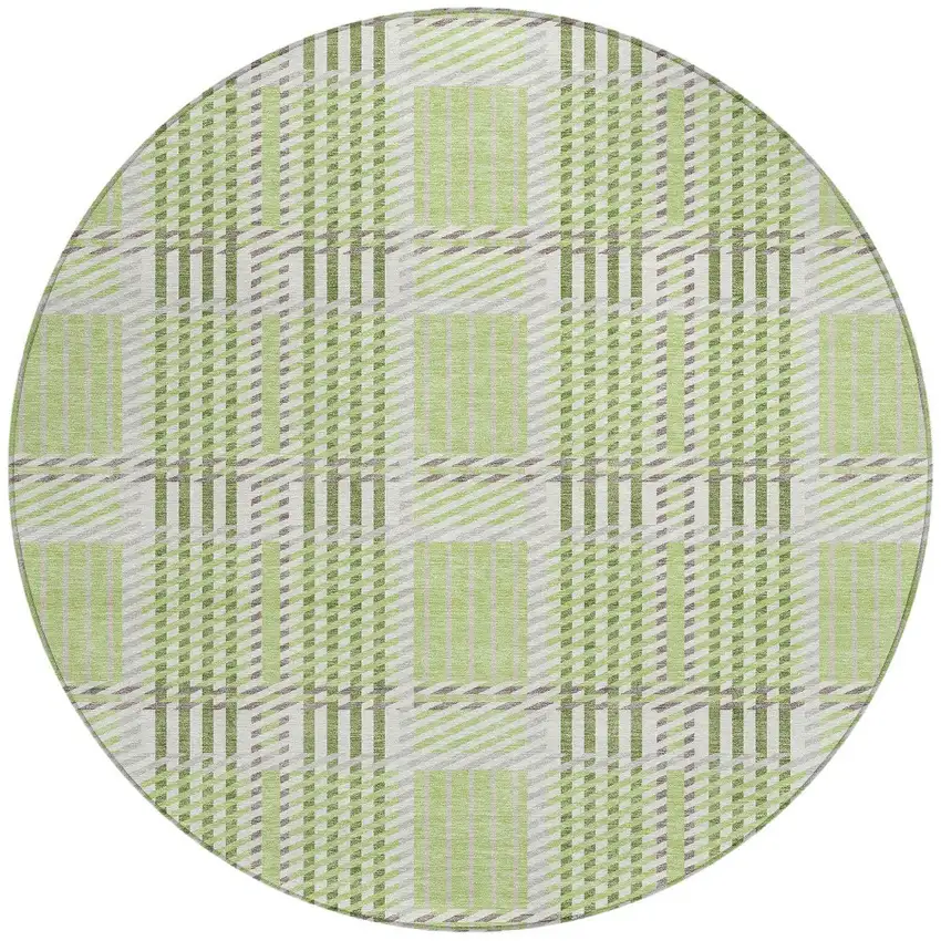 8' Artichoke Green Gray And Brown Round Plaid Washable Indoor Outdoor Area Rug Photo 6
