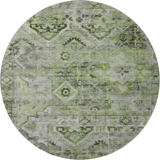 8' Artichoke Green Gray And Charcoal Floral Washable Round Rug With UV Protection Photo 2