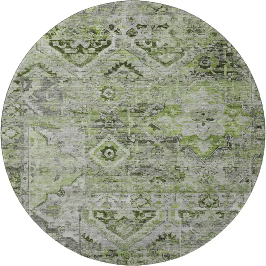 8' Artichoke Green Gray And Charcoal Floral Washable Round Rug With UV Protection Photo 2