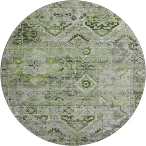 Photo of 8' Artichoke Green Gray And Charcoal Floral Washable Round Rug With UV Protection